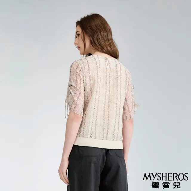 【MYSHEROS 蜜雪兒】造型雪紡上衣 附珠鑽飾胸針 泡泡布點點碎花(米)