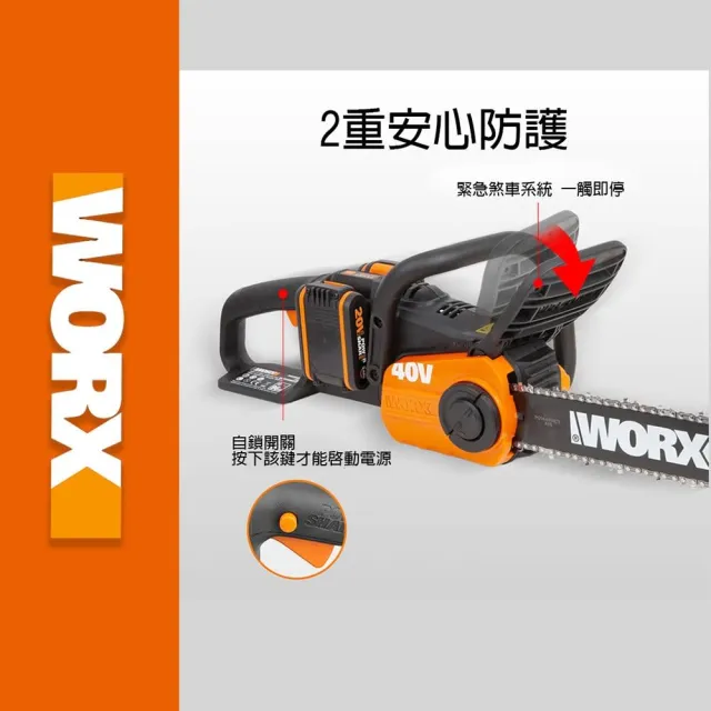 【WORX 威克士】40V 30CM 鋰電鏈鋸機 WG384E.1(鏈鋸機  切割機 電動鏈鋸  無刷鋰電鏈鋸機)
