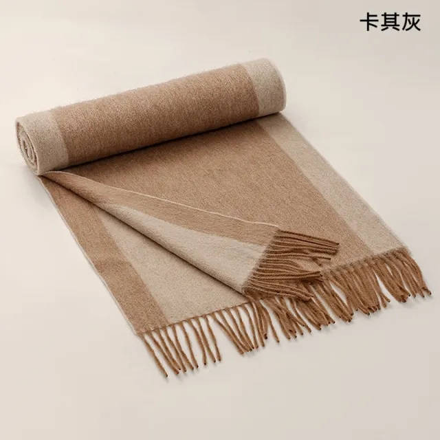 【VEDINA】100%美麗諾羊毛加長版雙色流蘇圍巾35*196 cm(藍棕灰黑色拚色/男女保暖質感披肩圍脖)