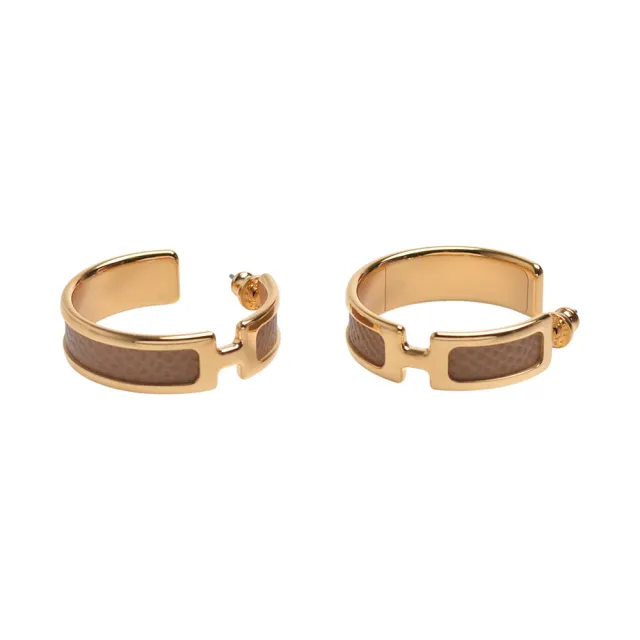 【Hermes 愛馬仕】經典Olympe earrings系列H LOGO牛皮穿式耳環(金/餅乾色 H011123CC-BISCUIT-OR)