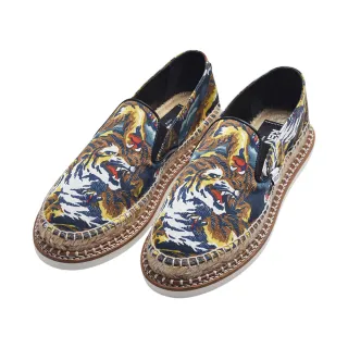 【KENZO】經典Mocassins Espadrille系列老虎圖紋皮革平底草編鞋(黑/棕F651ES398F71-38)