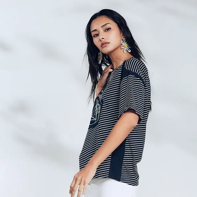 【ICHE 衣哲】Cop.Copine Cop.Copine 法國原裝進口拼接條紋印花刺繡造型上衣