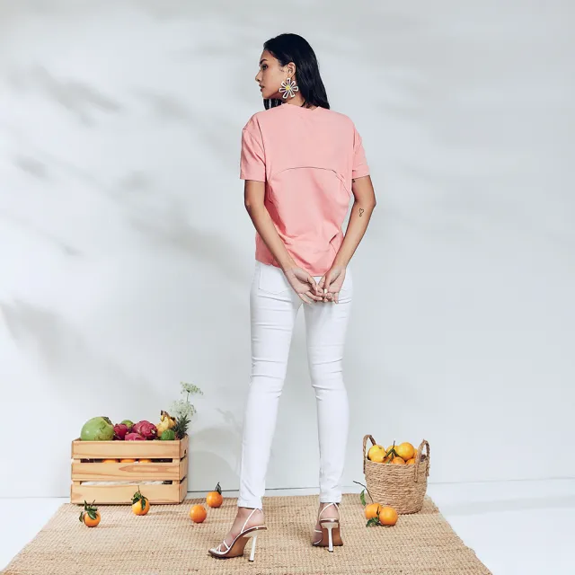 【ICHE 衣哲】Cop.Copine 法國原裝進口法式輪廓線花卉印圖蜜桃粉上衣