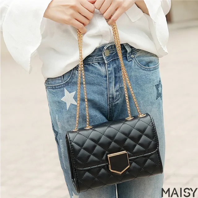 【MAISY】高級真皮黑色菱格鏈帶包 單肩包 小方包(真皮包包 黑色)