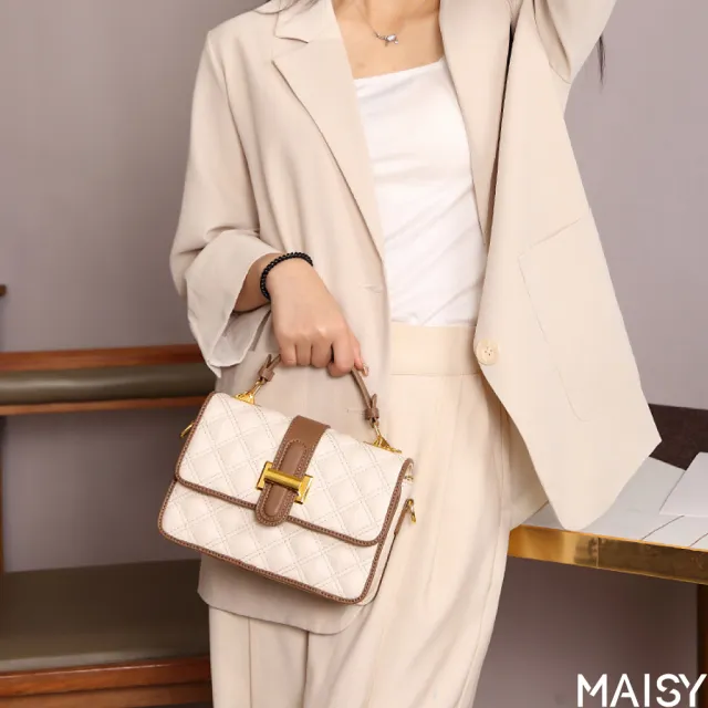 【MAISY】精緻拼接菱格牛皮手提包 托特包 鏈帶包(米色／黑色)