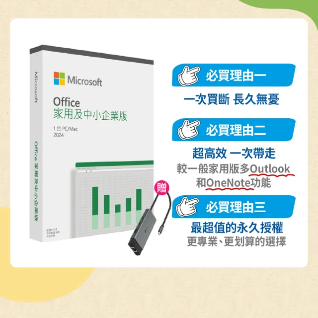 【Microsoft 微軟】HUB集線器★Microsoft Office 2024 家用及中小企業中文版 盒裝(軟體拆封後無法退換貨)