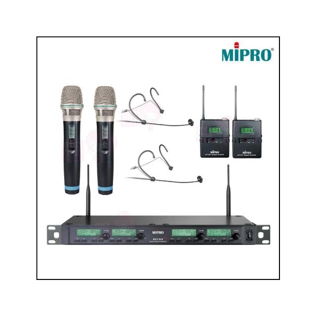 【MIPRO】ACT-343PLUS 配2手握32H+2頭戴式麥克風(1U四頻道自動選訊無線麥克風)