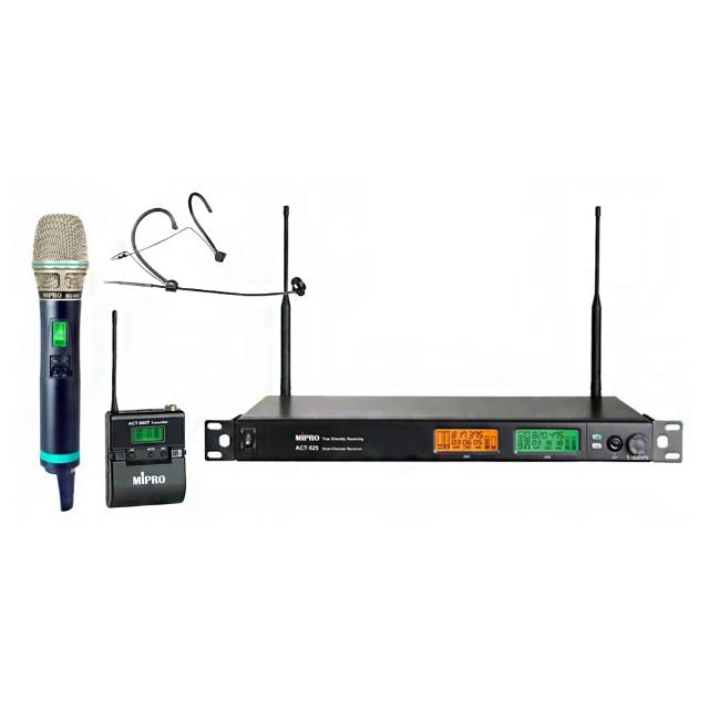 MIPRO嘉強 ACT-525 雙頻UHF麥克風,支援雙色背光大型LCD顯示,內建Dante數位音訊網路介面,提供長距離接收與自動選訊功能。採用24 MHz窄頻技術,適閤家庭K歌、家用音響及戶外使用。電容式麥克風,雙指向式設計,黑色系外觀,輕便易攜,符合電波法規。 MIPRO嘉強 ACT-525