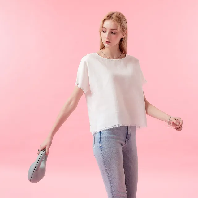 【ICHE 衣哲】Cop.Copine 法國原裝進口法式背後開衩雕花微鬆剪裁流蘇上衣