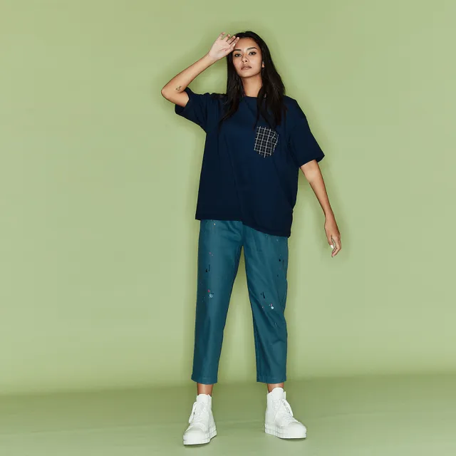 【ICHE 衣哲】Cop.Copine法式設計格紋印花拼接五分袖造型上衣-S