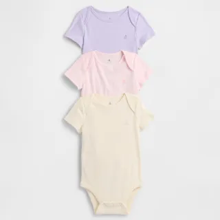 【GAP】嬰兒裝 純棉小熊刺繡圓領短袖包屁衣三件組-粉色組合(794075)