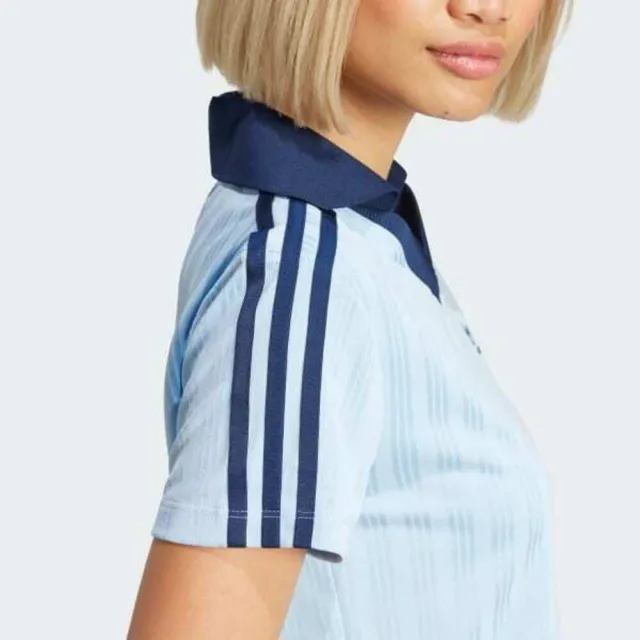 【adidas 愛迪達】V-neck Polo 女 Polo衫 短版 運動上衣 休閒短袖 水藍 深藍 亞版(JD5864)
