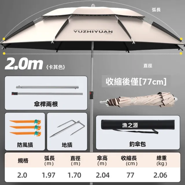 三折便攜不銹鋼 2.0米 多向調節(釣魚傘 遮陽傘 戶外傘 垂釣傘 沙灘傘 露營傘 預購15天)