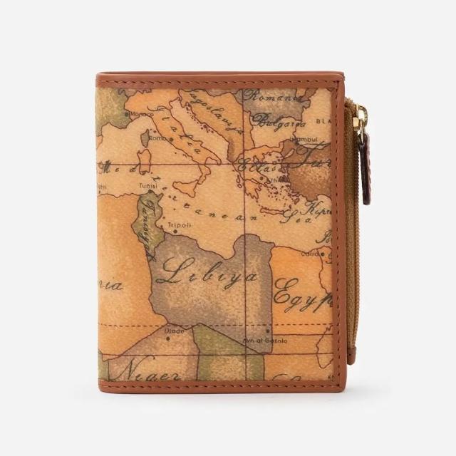 【Alviero Martini】義大利地圖包 旅行系列 6卡1照片零錢袋釦式短夾 皮夾(地圖黃)