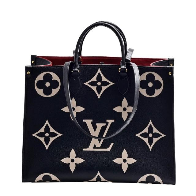 LV 路易威登 M45945 經典 ONTHEGO GM Empreinte 肩背購物包，採用高階雙色牛皮製成，黑色系設計時尚百搭。內裡為布面材質，內設3個口袋，方便分裝物品。附原廠防塵套與說明書，適合女性日常出勤與購物使用，輕便實用，法國原產，歐洲來源。