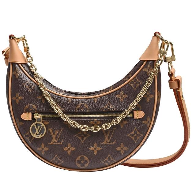 LV LOUIS VUITTON 路易威登 M81098 經典 LOOP 系列 Monogram 帆布斜揹包，採用咖啡色系設計，搭配牛皮與帆布外層材質，內層為布面。附原廠防塵套、原廠品控卡及背帶X2，尺寸為長23cm、寬6cm、高13cm，提把高度34cm，背帶全長約54cm。法國製造，來自歐洲，適合女性使用，拉鍊式開口，無內部與外部夾層，不附底珠，無法放入A4檔案。