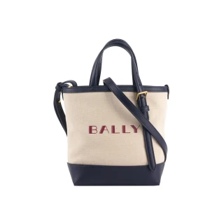 【BALLY】紅字燙印帆布及小牛皮迷你托特包(自然色/深孔雀綠)