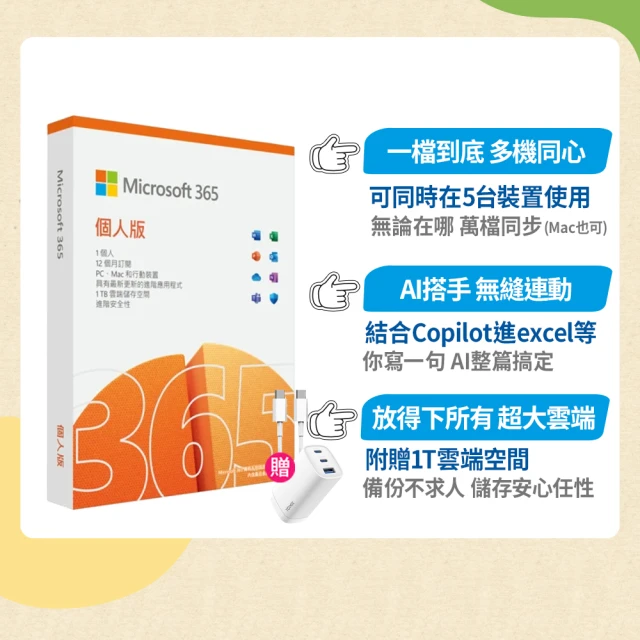【Microsoft 微軟】65W充電器+線★Microsoft 365 個人版 一年訂閱 盒裝 (軟體拆封後無法退換貨)
