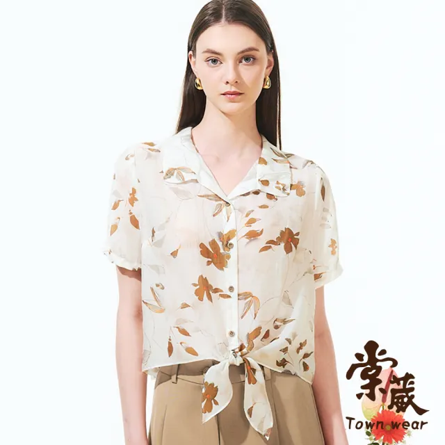 【TOWN’WEAR 棠葳】天絲棉森林系短版襯衫(中大尺碼/女上衣/女上著/短袖/綁結/透膚/翻領/罩衫/小外套/棉質)
