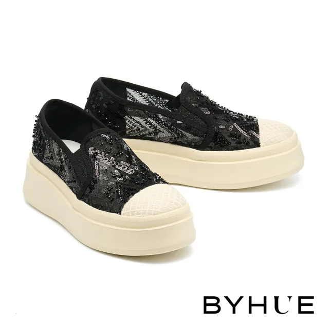 【BYHUE】率性質感縫珠網布厚底休閒鞋(黑)