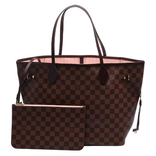 【Louis Vuitton 路易威登】N40598 經典NEVERFULL MM Damier帆布肩背托特包(芭蕾粉色)