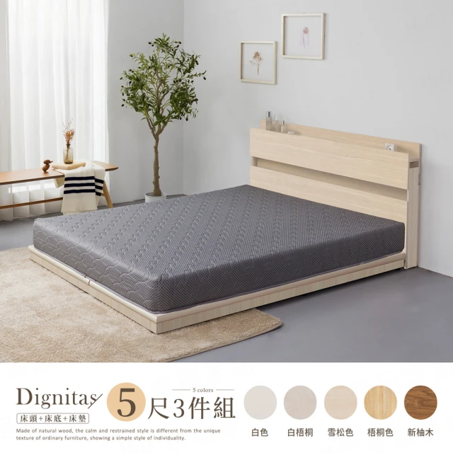 【H&D 東稻家居】DIGNITAS狄尼塔斯5尺插座雙人房間3件組 MIT 台灣製(床頭+床底+床墊 附燈 2色選)