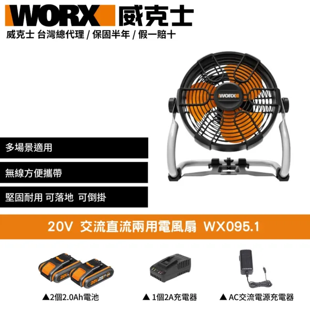 【WORX 威克士】20V 交流直流兩用工業電風扇 WX095.1(工業電扇 鋰電電風扇 充電電風扇 無線電風扇)