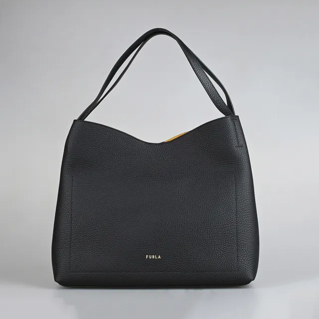 【FURLA 芙拉】FURLA Primula立體拱門LOGO小牛皮搭麂皮內襯釦式肩背包(黑)