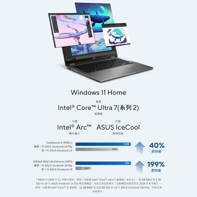 【ASUS 華碩】14吋Ultra7翻轉觸控AI筆電(Vivobook 14 Flip TP3407SA/Ultra 7-258V/32G/1TB SSD/W11/OLED)