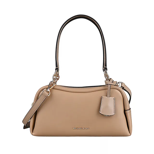 【Michael Kors】MICHAEL KORS Cecily經典字母LOGO聚氨酯皮質設計拉鍊肩背斜背兩用包(小/駝)