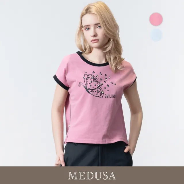 【MEDUSA 曼度莎】現貨-拉鏈側開撞色蝴蝶印花T恤 - 2色（M-XL）｜女休閒上衣 短袖T恤 落肩寬版(601-35901)