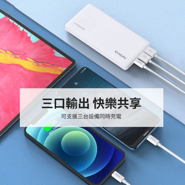 【NOKIA】P6203-1 10000mAh PD 20W雙向快充 3孔輸出 TypeC+USB 行動電源(37Wh/具Wh標示)