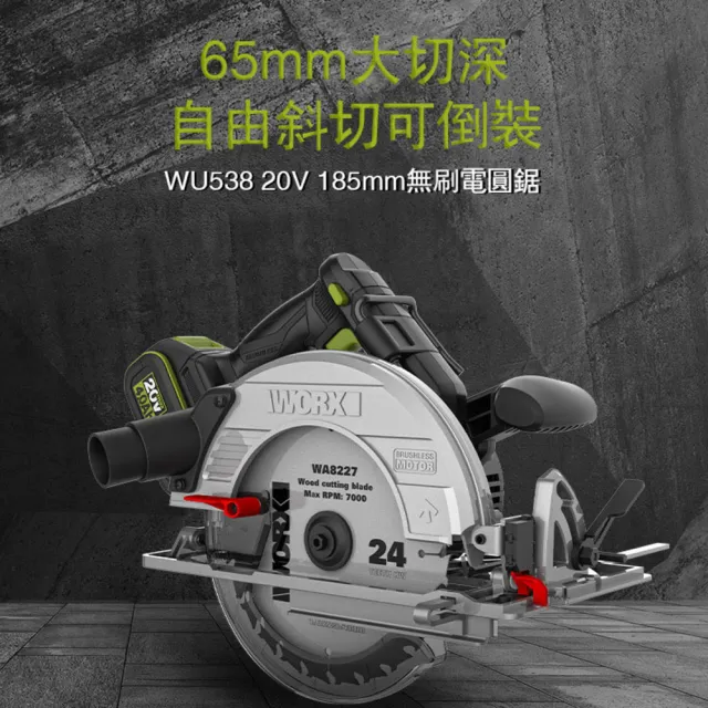 【WORX 威克士】20V 185mm 無刷鋰電圓鋸機 WU538H.1(切石機 切割機 無刷 鋰電 切割 鋰電電圓鋸)