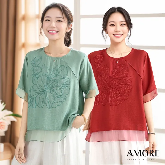 【Amore】日系簡約優雅刺繡棉麻拼接上衣 棉麻上衣 短袖上衣(拼接紗感袖輕透不悶熱)