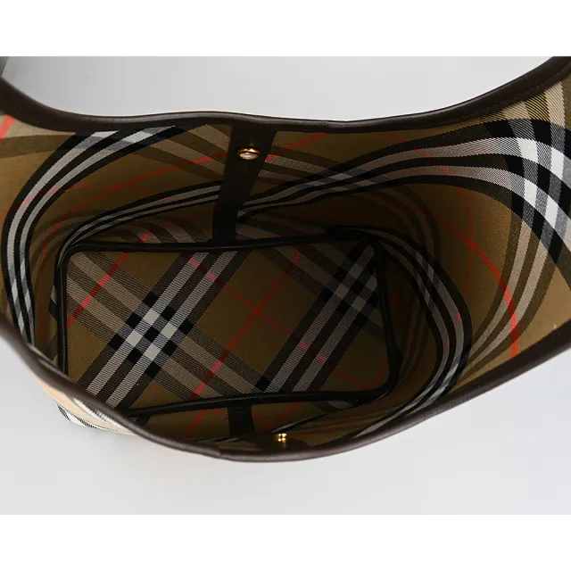 【BURBERRY 巴寶莉】BURBERRY 格紋設計帆布滾邊小牛皮扣式肩背子母包(米沙棕)
