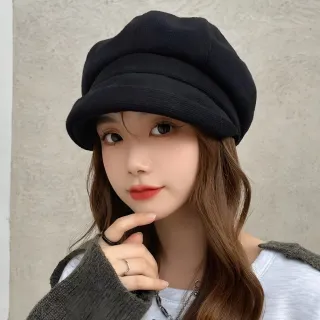 【穿搭單品】韓版氣質英倫復古風八角帽(貝雷帽 帽子 冬天女裝 冬季女裝 毛帽 保暖帽子 黑色 毛帽)