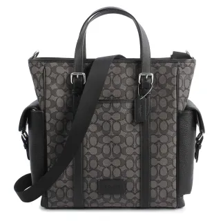 【COACH】SPRINT 經典滿版C LOGO 緹花織紋拼接皮革雙口袋手提側背兩用托特包(木炭灰色/黑色)