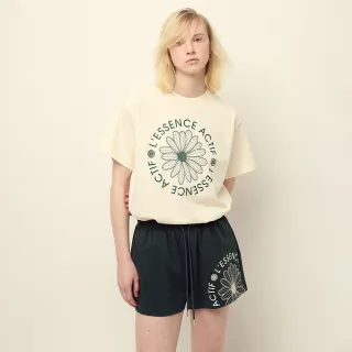 【MARDI MERCREDI】印花運動短TEE 奶油色 經典小雛菊 深綠花 徽章 舒適 純棉 T-SHIRT ACTIF EMBLEM
