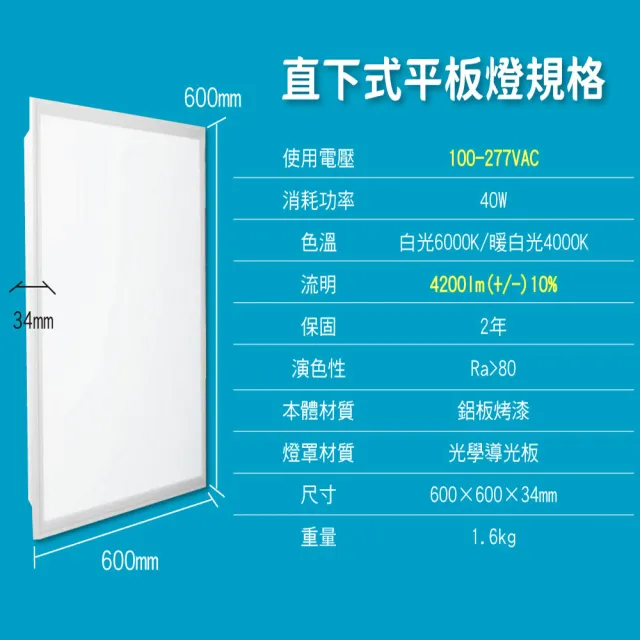 【青禾坊】好安裝系列 歐奇OC 保固2年 40W-6入超薄型LED直下式平板燈(輕鋼架 商用平板燈/LED平板燈)