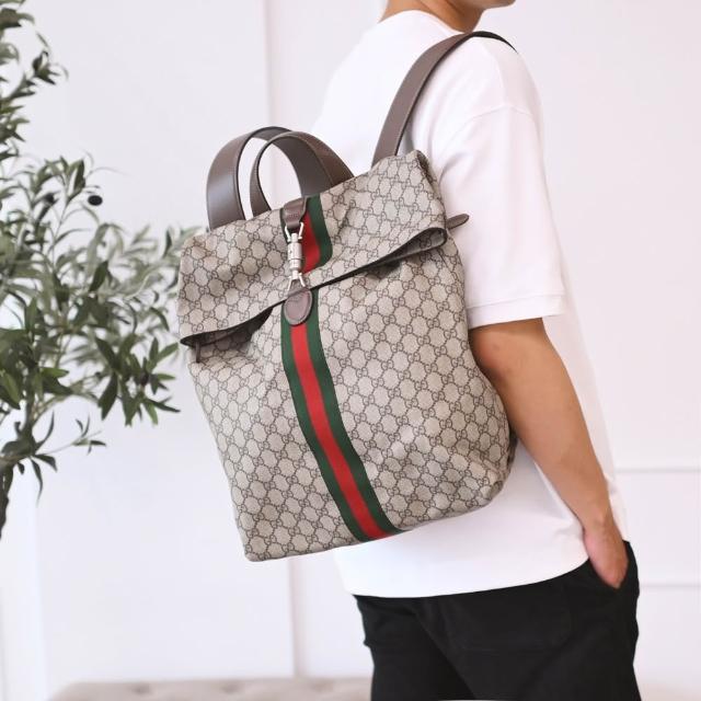 【GUCCI 古馳】Jackie 1961 經典雙G緹花拼接大款商務包旅用包後背包(咖邊)