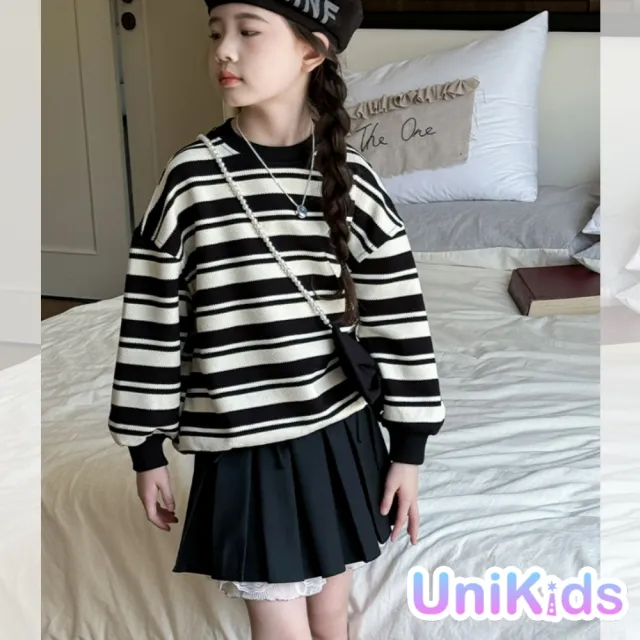 【UniKids】現貨160碼 中大童裝條紋長袖大學T恤 女大童裝  VPQBT-80(黑白條衛衣)