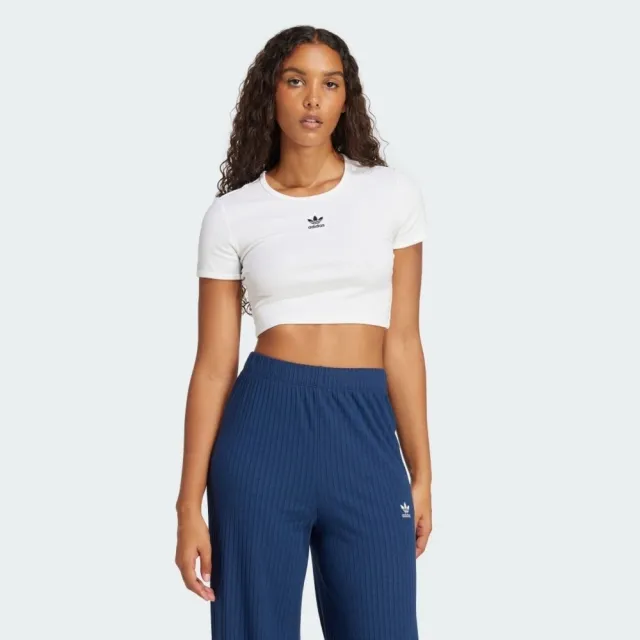 【adidas 愛迪達】Ess Rib Tee 女 T恤 短版上衣 運動上衣 休閒短袖 白 黑 亞版(JC9026)