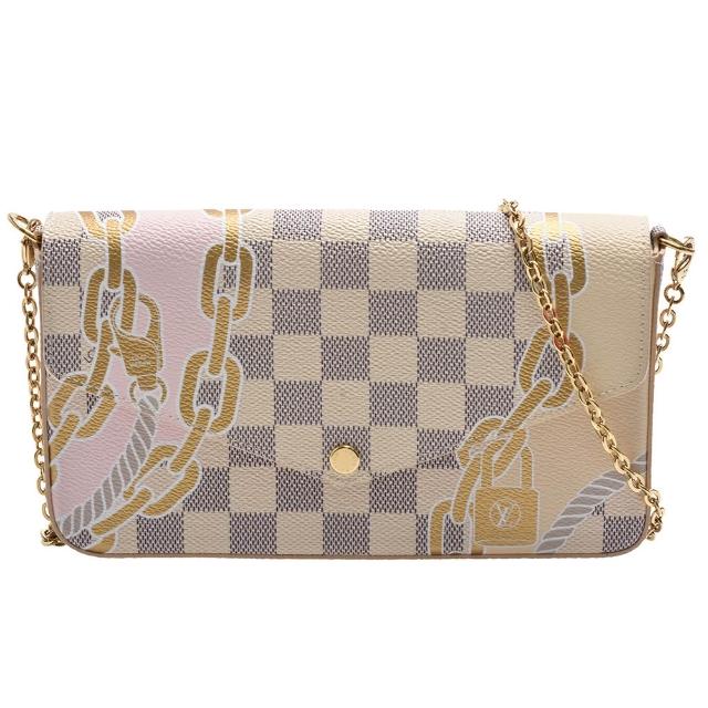 LV 路易威登 N40466 經典 Félicie Pochette Damier 帆布斜揹包，白色系設計，採用高品質帆布製作，內層為布面材質，配備原廠防塵套與包裝盒，並附贈皮夾X2。輕便實用，適合日常攜帶，尺寸為長21cm、寬3cm、高11cm，背帶全長約112cm，無外部與內部夾層，適合女性使用。