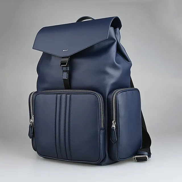【BALLY】BALLY Mythos 燙銀LOGO防刮再生牛皮束口釦式後背包(深藍)