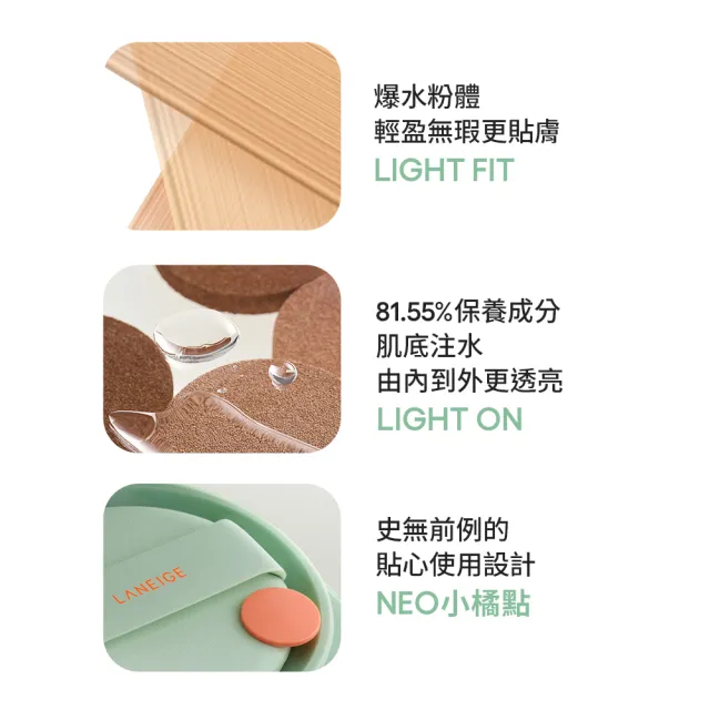 【LANEIGE 蘭芝】Neo型塑光感/霧感氣墊EX 15g*2(SPF46 PA++ / 1盒2蕊 #小方塊 隔離霜 防曬 官方直營)
