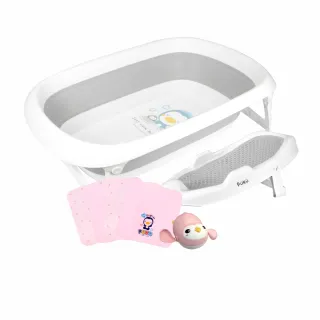 【PUKU 藍色企鵝】日光泡泡 摺疊浴盆 澡盆 紅色組(含沐浴架+企鵝+紗布方巾4入)