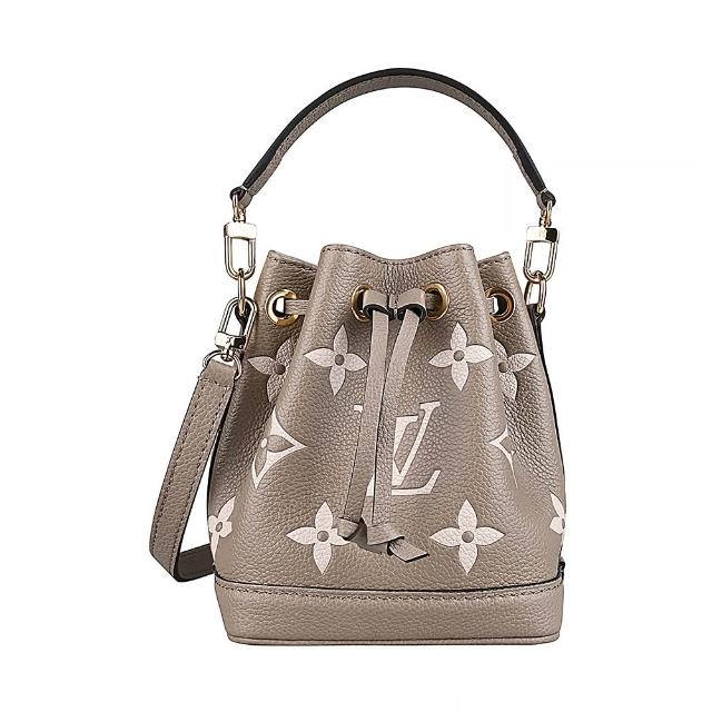 【Louis Vuitton 路易威登】LV M46291 NANO NO☆燙印LOGO Monogram牛皮束口斜背水桶包(迷你/斑鳩灰x奶油米)