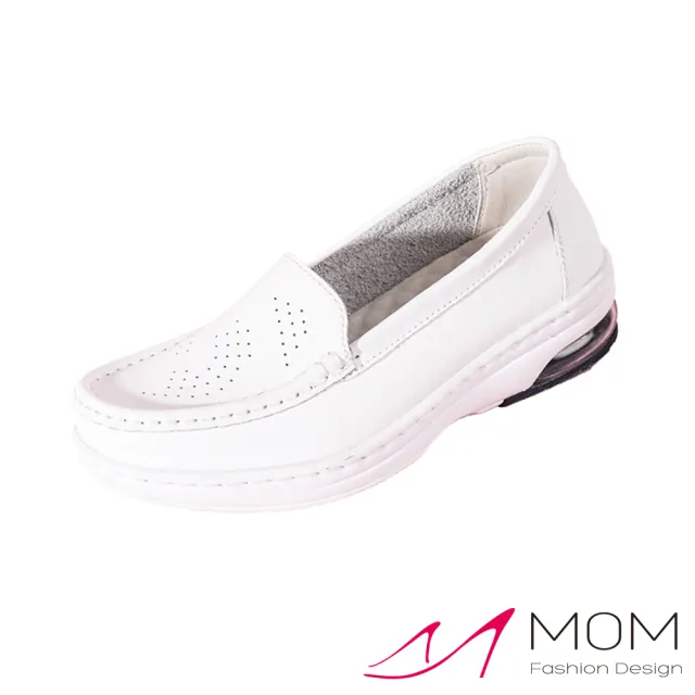 【MOM】真皮樂福鞋 厚底樂福鞋/真皮純色透氣沖孔舒適大氣墊厚底樂福鞋 護士鞋(白)