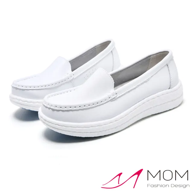 【MOM】真皮樂福鞋 厚底樂福鞋/真皮純色百搭高彈力厚底樂福鞋 護士鞋(白)