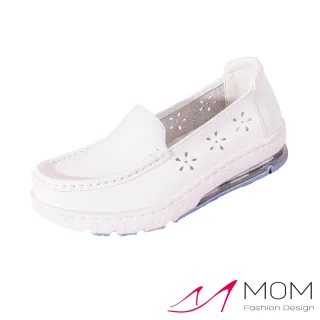 【MOM】真皮樂福鞋 氣墊樂福鞋/真皮純色側邊透氣花朵縷空超大氣墊樂福鞋 護士鞋(白)